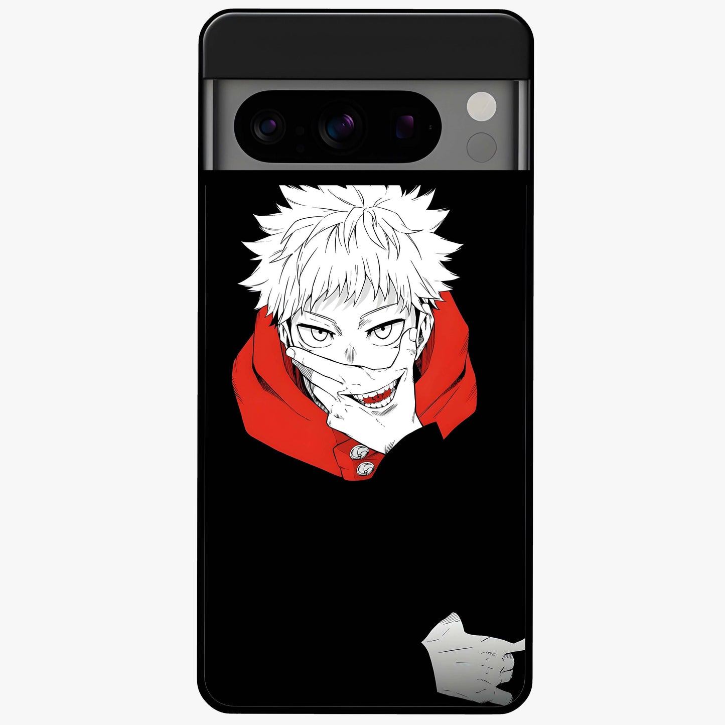 Crimson Chaos Smile Glass Case showing flat back view with bold chaotic smile artwork and glossy glass finish.