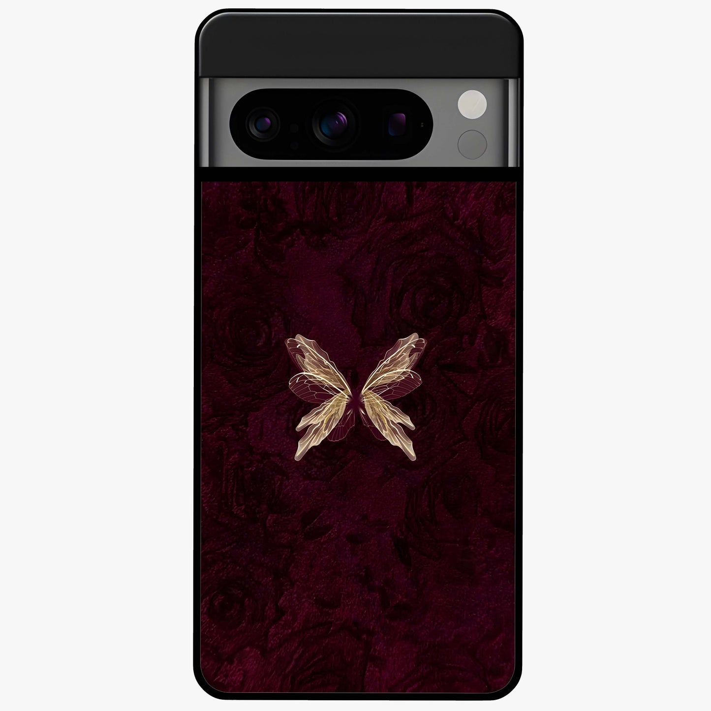 Crimson Fade Butterfly Glass Case showing flat back view with fading butterfly artwork and glossy glass finish.