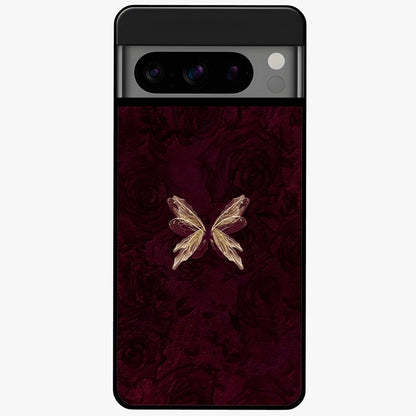 Crimson Fade Butterfly Glass Case showing flat back view with fading butterfly artwork and glossy glass finish.