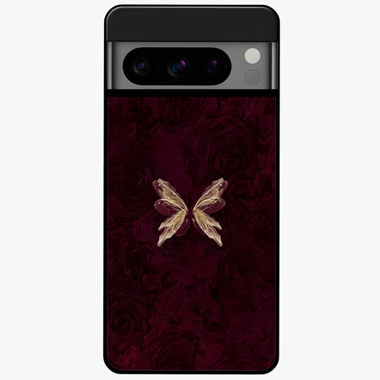 Crimson Fade Butterfly Glass Case showing flat back view with fading butterfly artwork and glossy glass finish.
