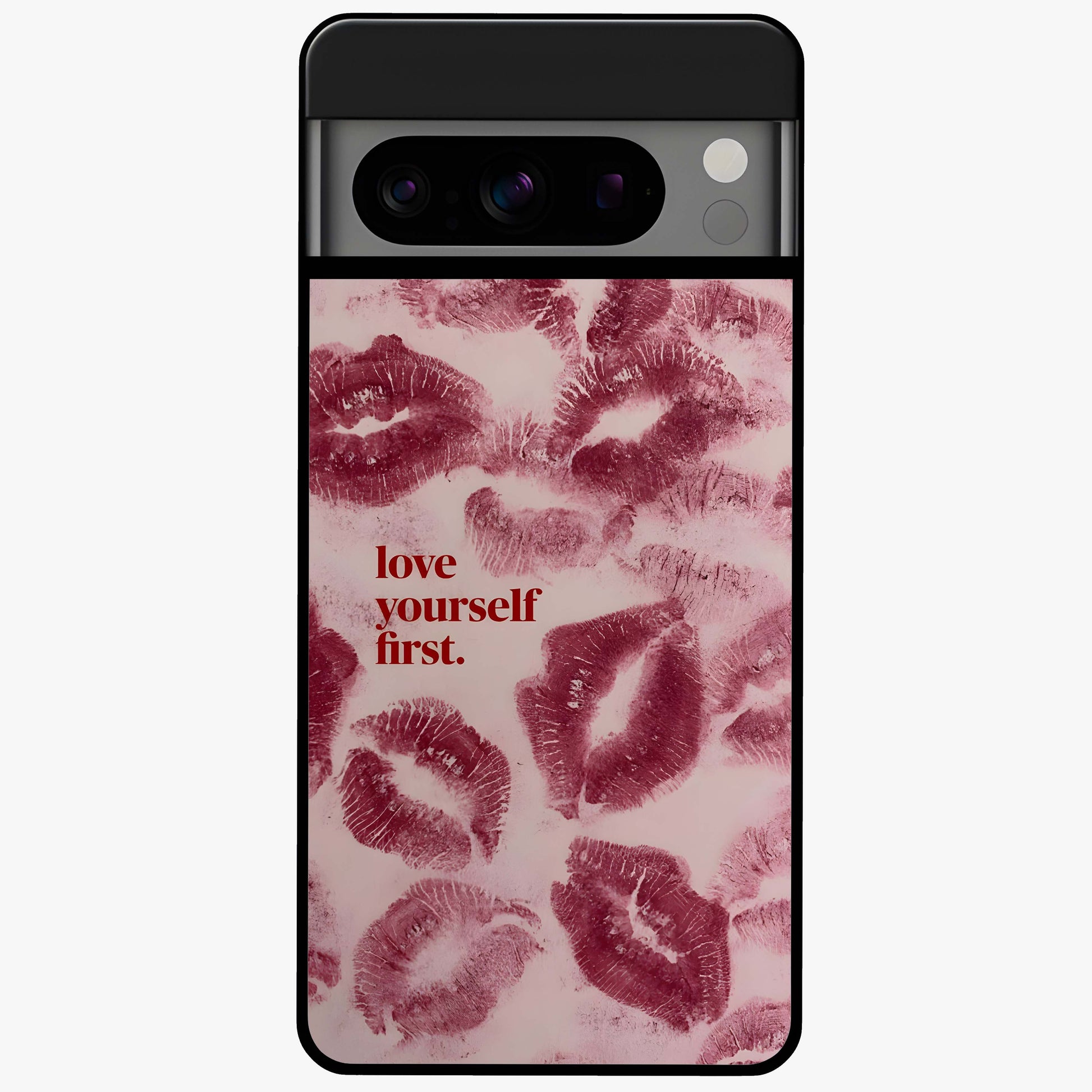 Crimson Kiss Love Glass Case showing flat back view with romantic crimson themed artwork and glossy glass finish.
