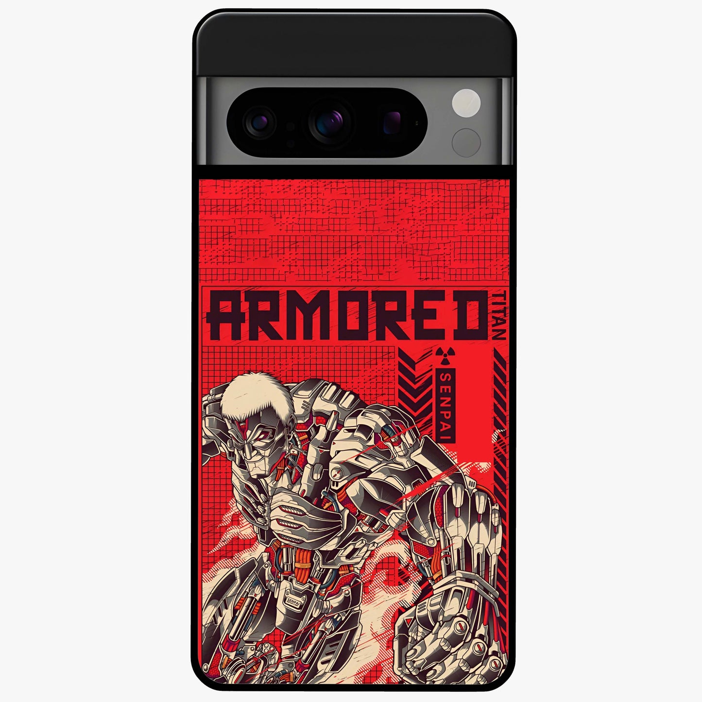 Crimson Mecha Titan Glass Case showing flat back view with powerful mech titan artwork and glossy glass finish.