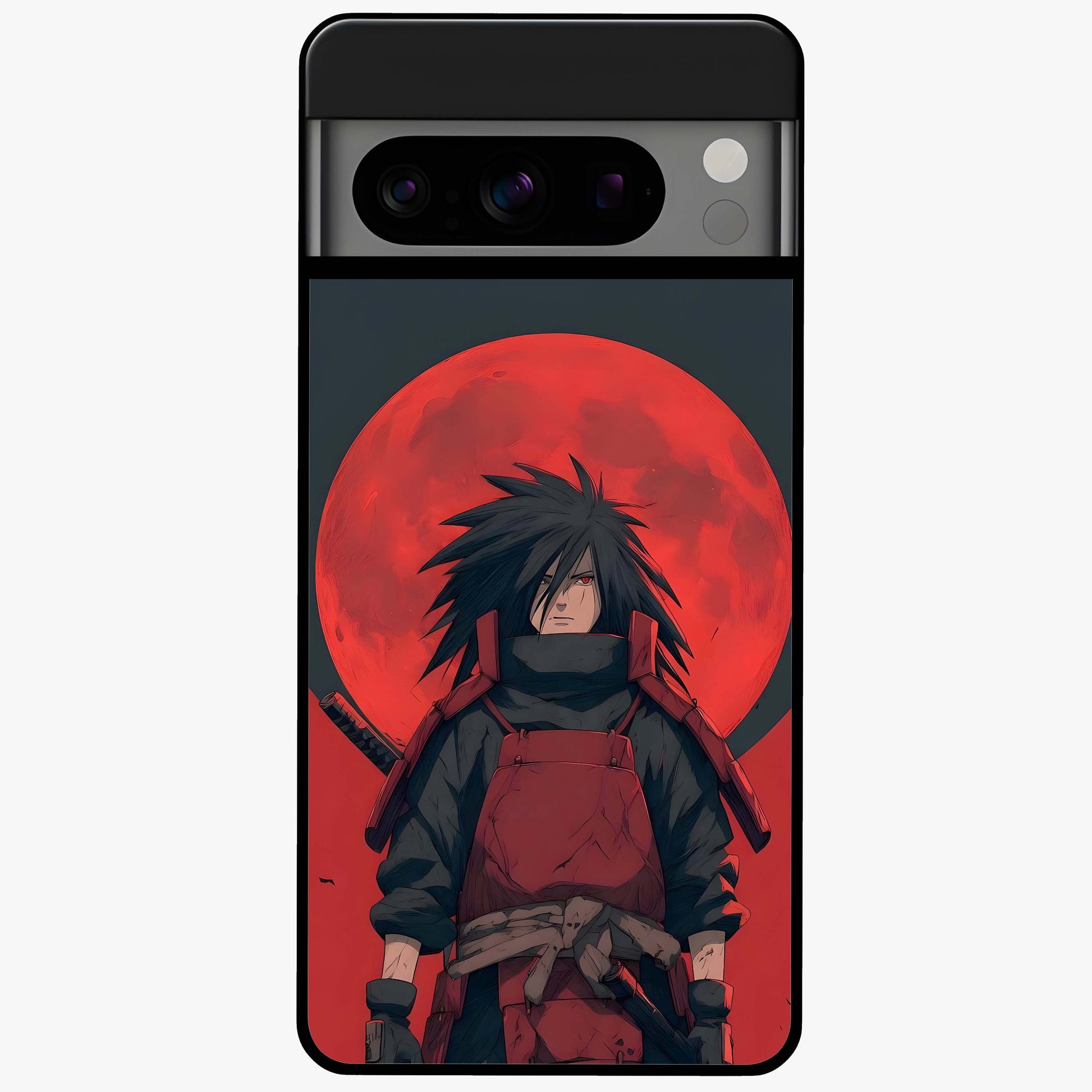 Crimson Moon Warlord Glass Case showing flat back view with mystical moon warrior artwork and glossy glass finish.