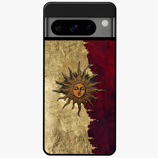 Crimson Sun Majesty Glass Case showing flat back view with radiant sun inspired artwork and glossy glass finish.