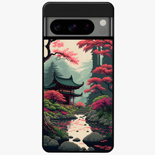 Crimson Temple View Glass Case showing flat back view with temple inspired artwork and glossy glass finish.