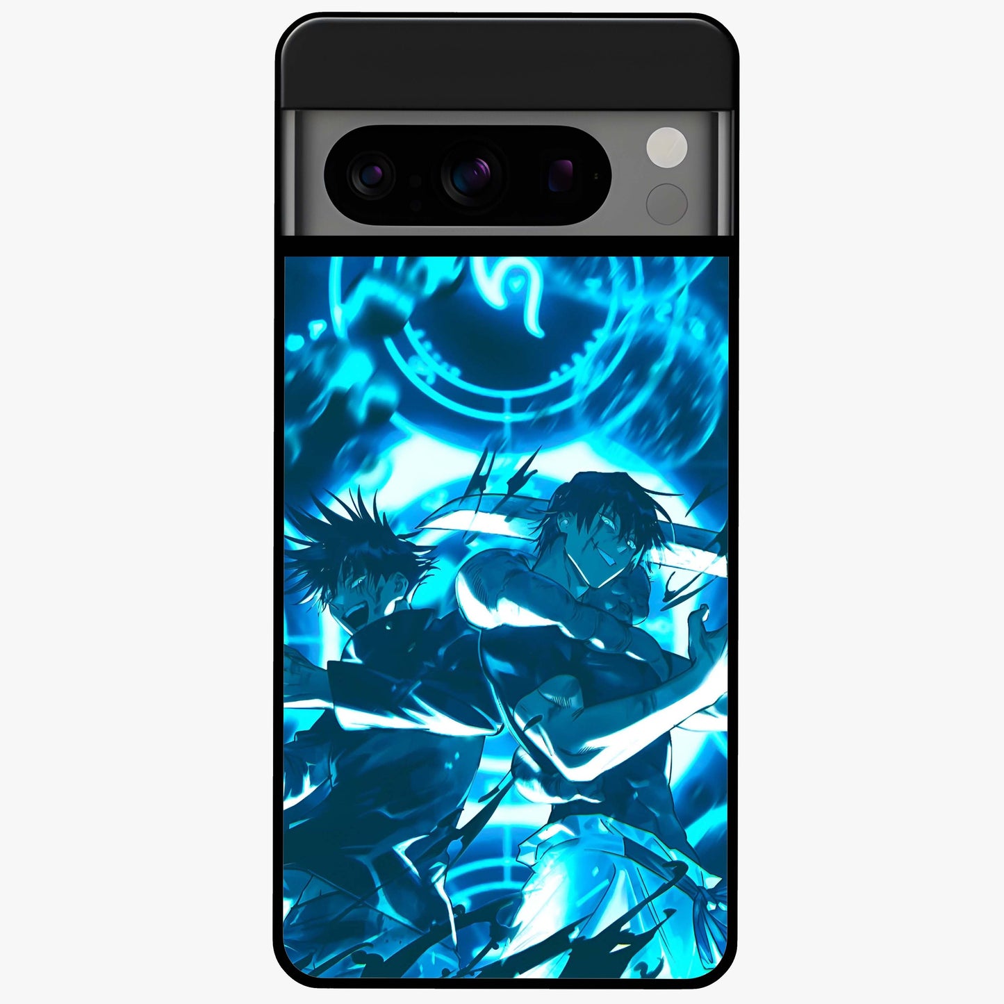 Cursed Energy Clash Glass Case showing flat back view with intense cursed energy artwork and glossy glass finish.