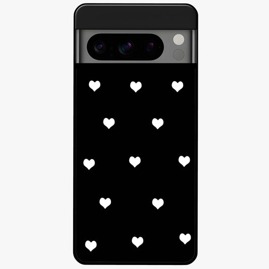 Cute And Simple White Hearts Glass Case showing flat back view with minimal white heart pattern and glossy glass finish.
