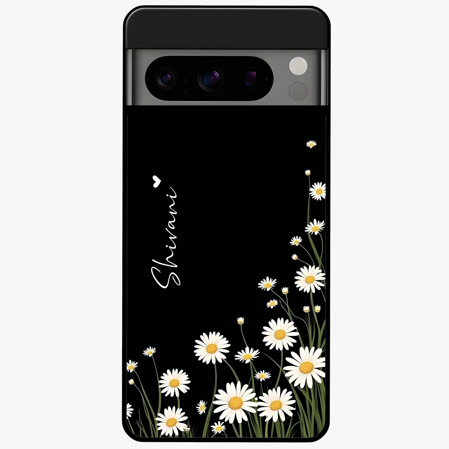 Daisy Cascade Custom Name Glass Case showing flat back view with cascading daisy flowers and personalized name design.