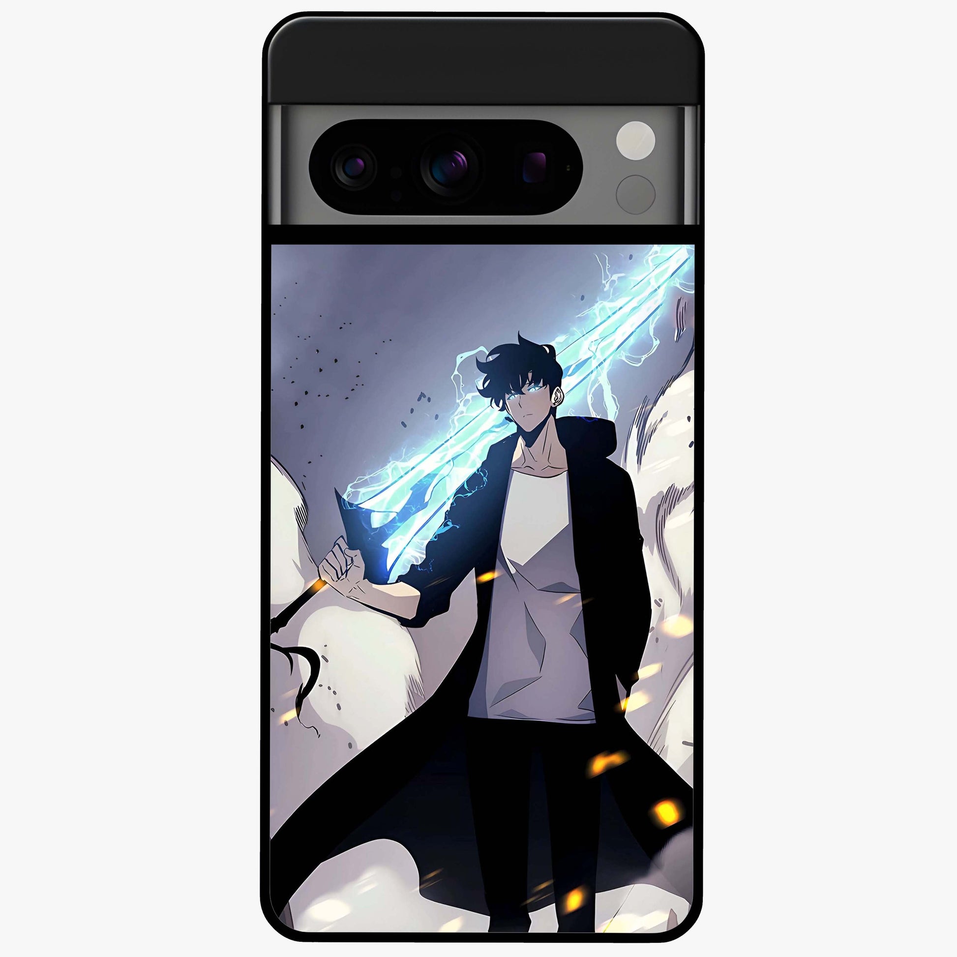 Dark Lightning Anime Warrior Glass Case showing flat back view with intense anime warrior artwork and glossy glass finish.