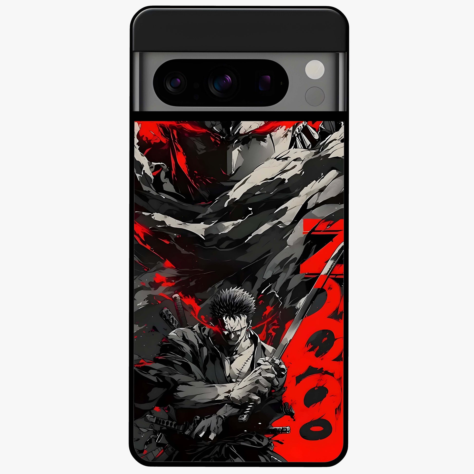 Demon Sword Resolve Glass Case showing flat back view with fierce sword warrior artwork and glossy glass finish.