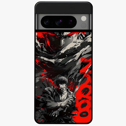 Demon Sword Resolve Glass Case showing flat back view with fierce sword warrior artwork and glossy glass finish.