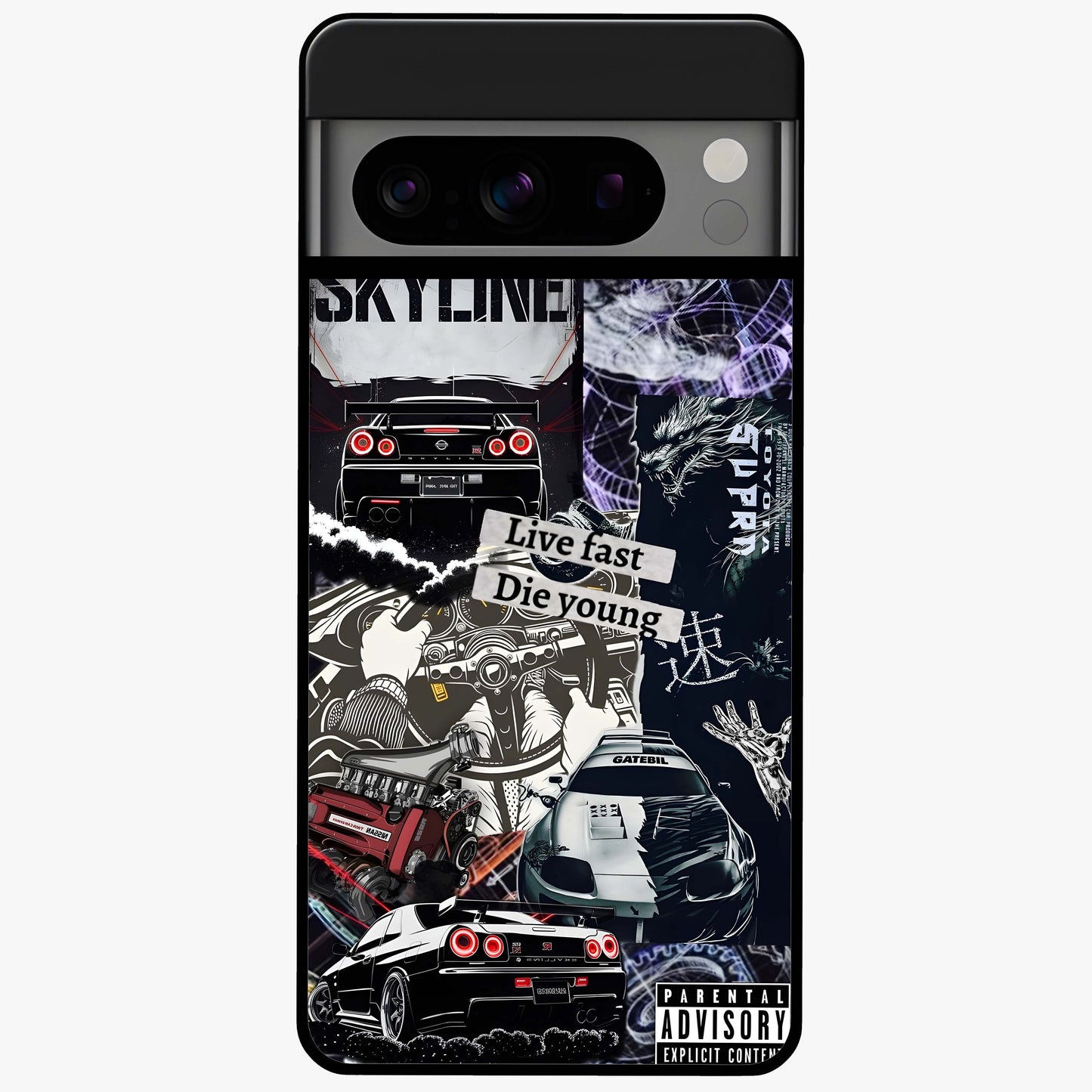 Die Young Glass Case showing flat back view with bold artistic typography design and glossy glass finish.