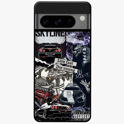 Die Young Glass Case showing flat back view with bold artistic typography design and glossy glass finish.