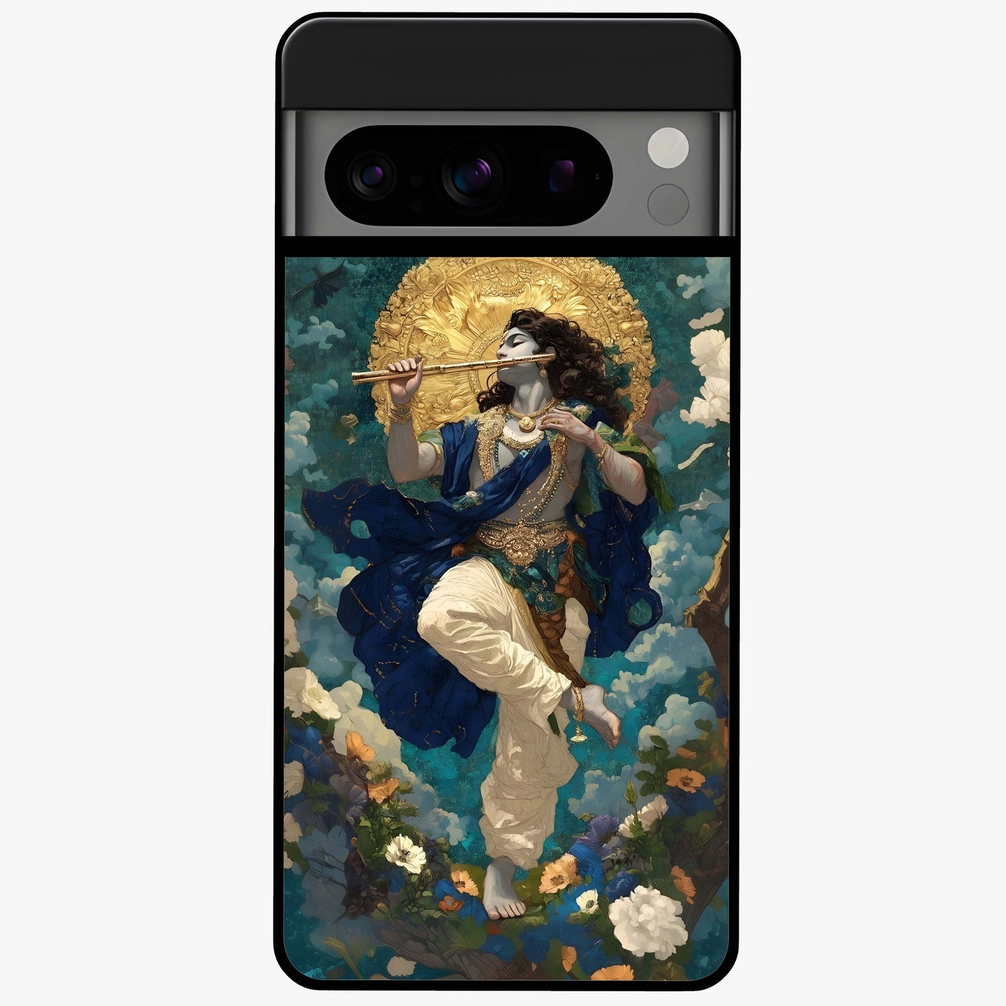 Divine Krishna Art Glass Case showing flat back view with Lord Krishna artwork and glossy glass finish.