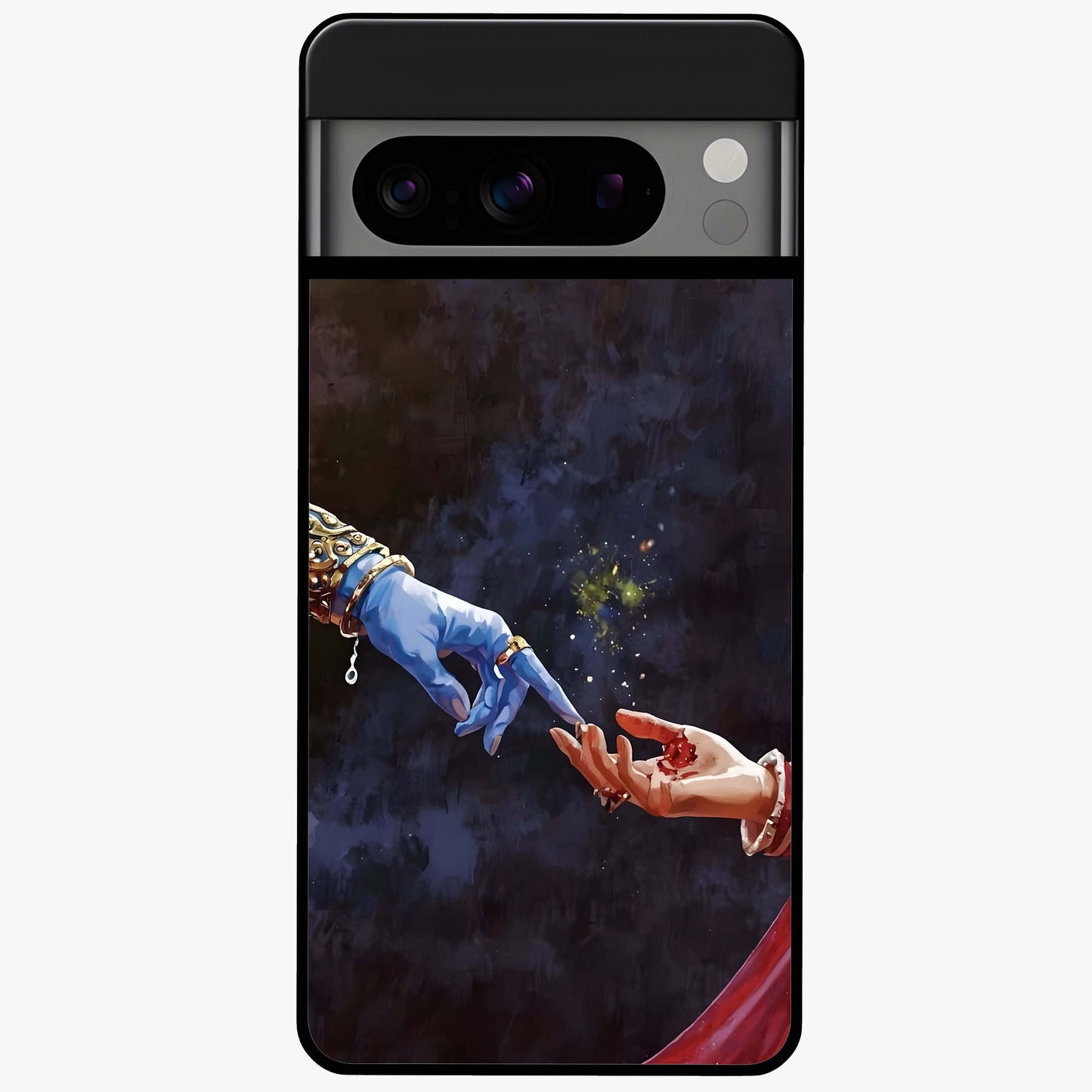 Divine Touch Eternal Glass Case showing flat back view with spiritual themed artwork and glossy glass finish.
