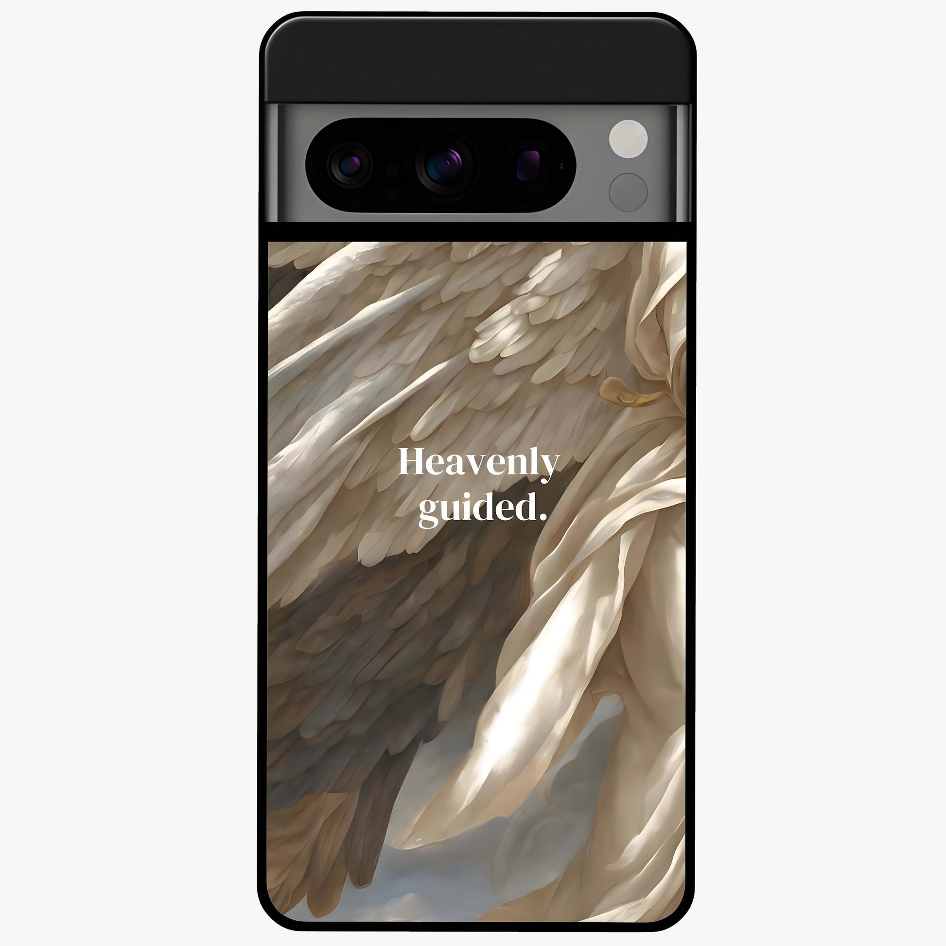 Divine Winged Grace Glass Case showing flat back view with elegant wing inspired artwork and glossy glass finish.