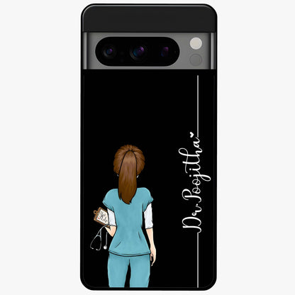 Doctor Pattern Custom Name Glass Case showing flat back view with medical themed pattern and personalized name design.