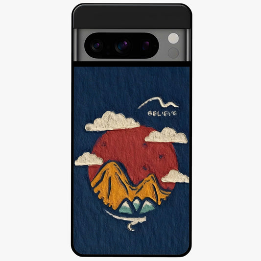 Dream Beyond Mountains Glass Case showing flat back view with scenic mountain landscape artwork and glossy glass finish.