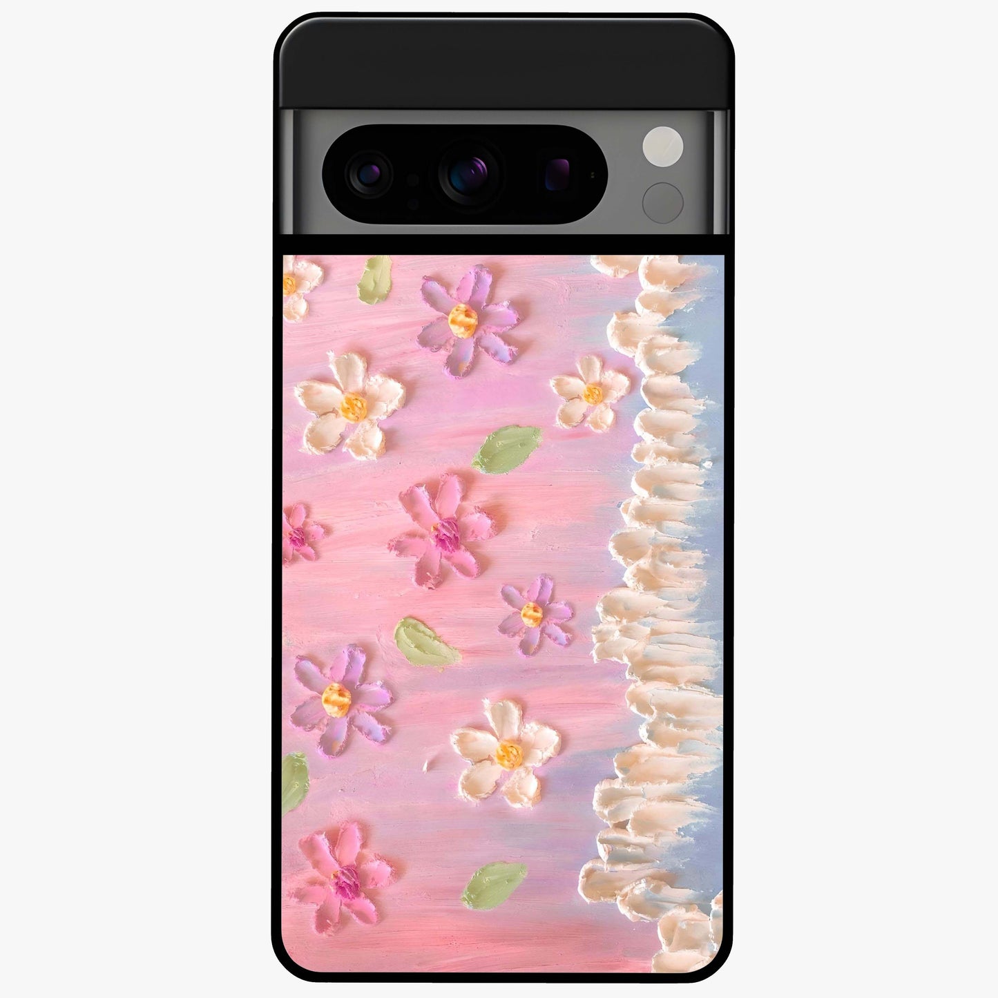 Dreamy Painted Garden Glass Case showing flat back view with artistic painted floral garden artwork and glossy glass finish.