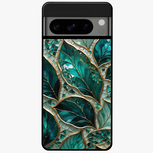 Emerald Leaf Glass Glass Case showing flat back view with emerald green leaf artwork and glossy glass finish.