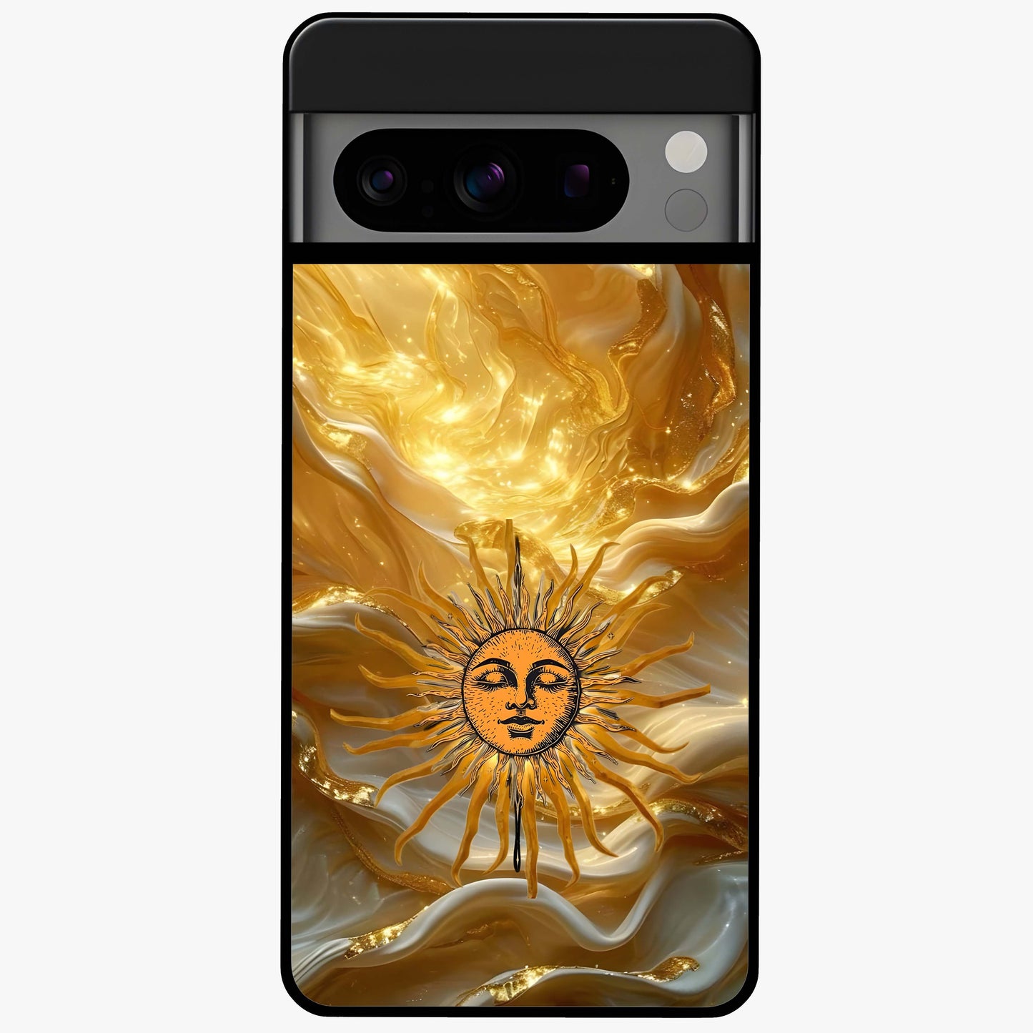 Eternal Golden Glow Glass Case showing flat back view with radiant golden themed artwork and glossy glass finish.