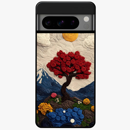 Eternal Nature Tapestry Glass Case showing flat back view with intricate nature tapestry artwork and glossy glass finish.