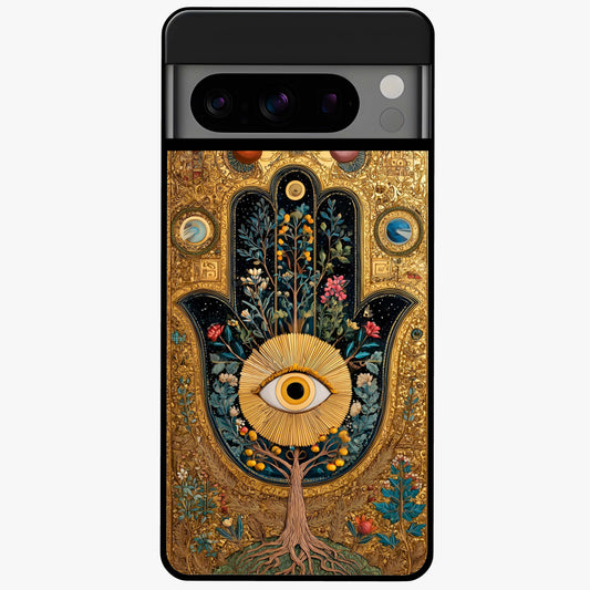 Ethereal Evil Eye Glass Case showing flat back view with mystical evil eye artwork and glossy glass finish.