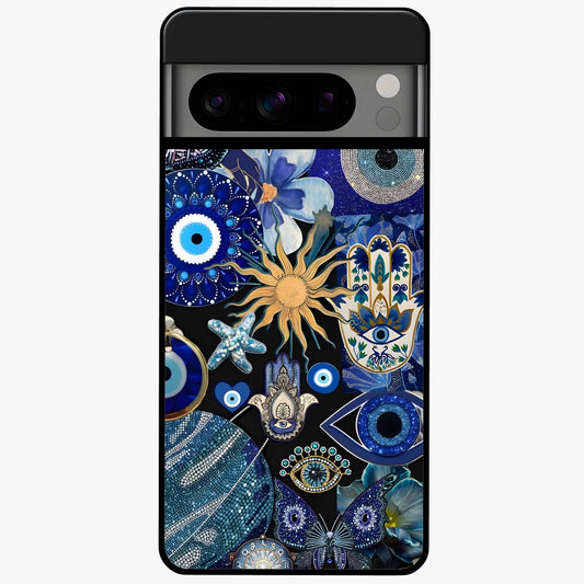 Evil Eye Charm Mix Glass Case showing flat back view with multiple evil eye charms artwork and glossy glass finish.
