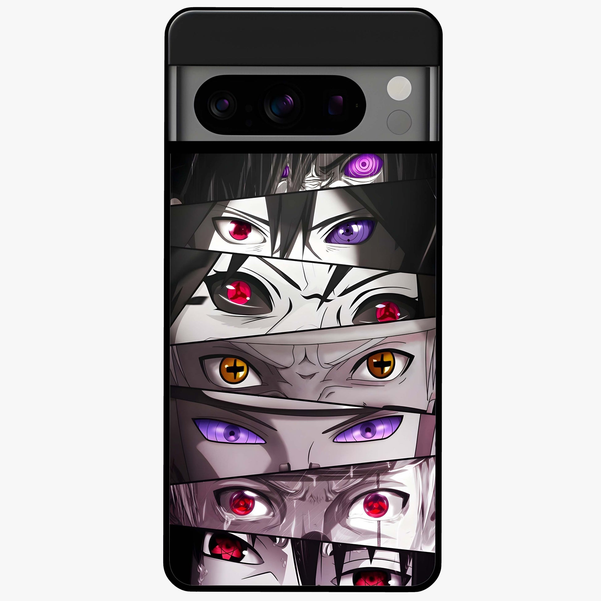 Eyes of Destiny Glass Case showing flat back view with striking eye themed artwork and glossy glass finish.