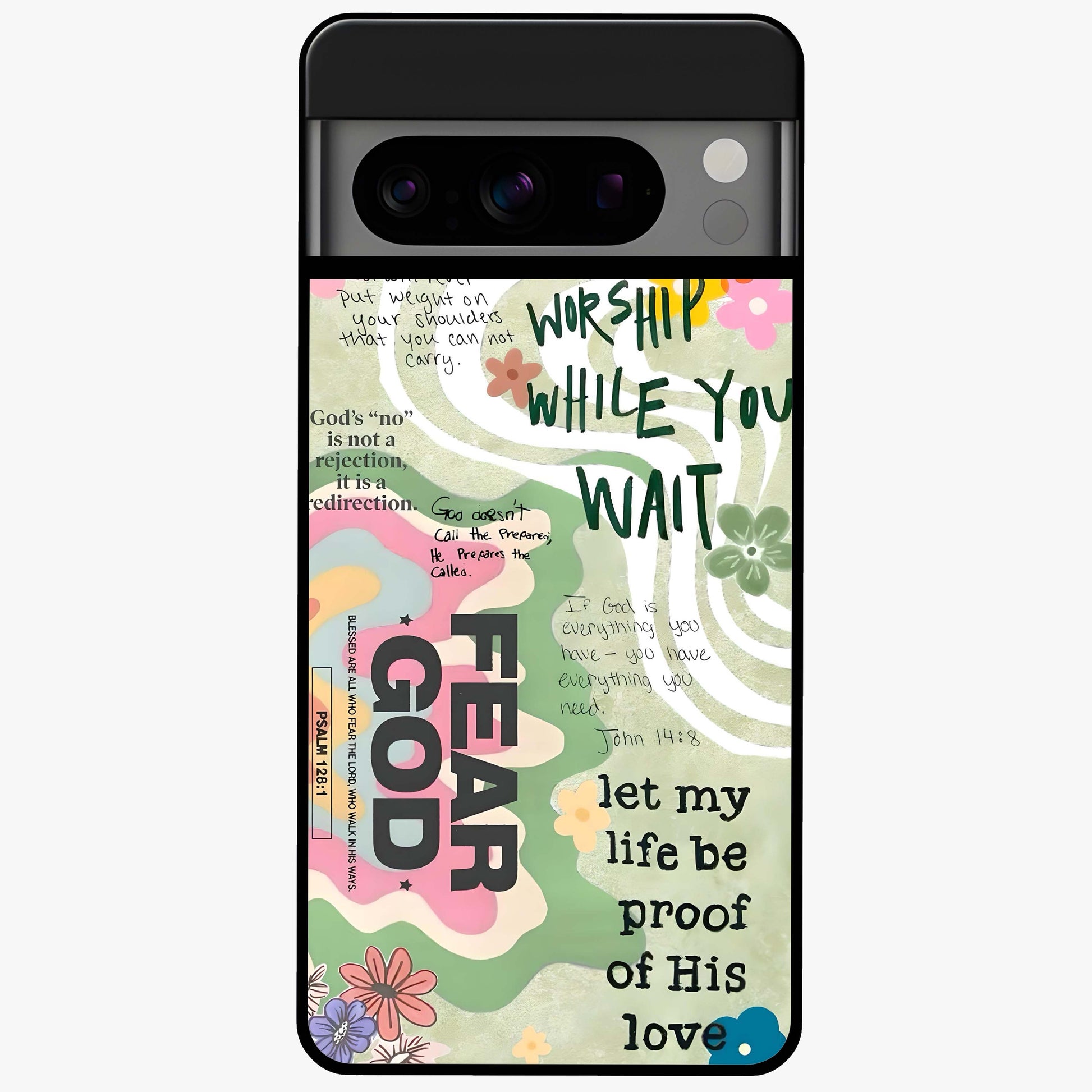 Faith Over Fear Glass Case showing flat back view with motivational typography artwork and glossy glass finish.