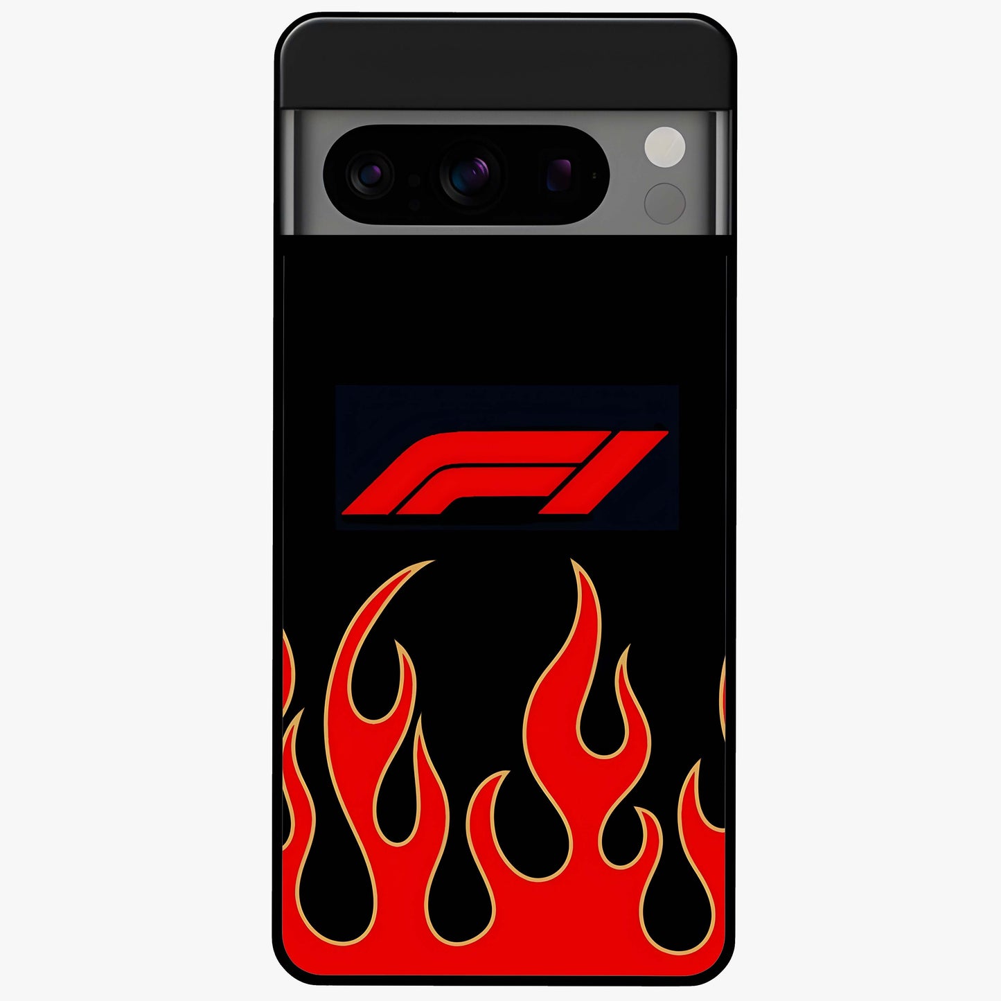 Fire F11 Glass Case showing flat back view with fiery themed artwork and glossy glass finish.