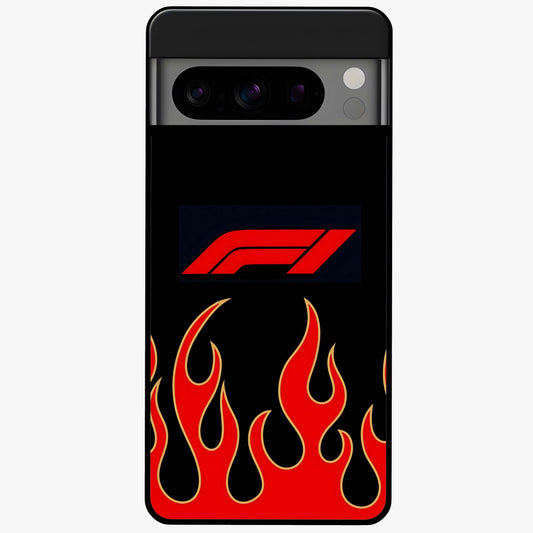 Fire F11 Glass Case showing flat back view with fiery themed artwork and glossy glass finish.