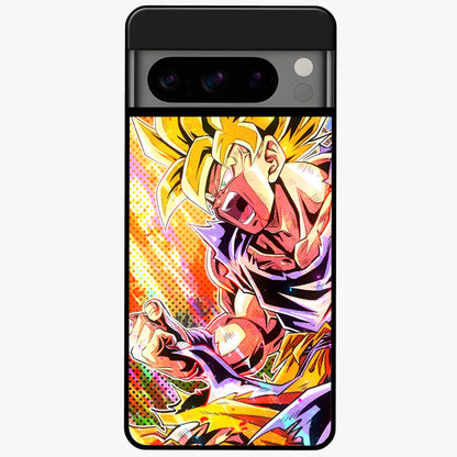 Firing Goku Glass Case showing flat back view with powerful anime inspired artwork and glossy glass finish.