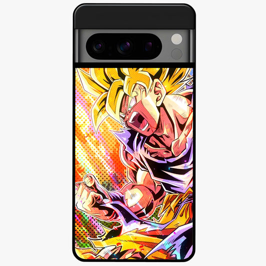 Firing Goku Glass Case showing flat back view with powerful anime inspired artwork and glossy glass finish.