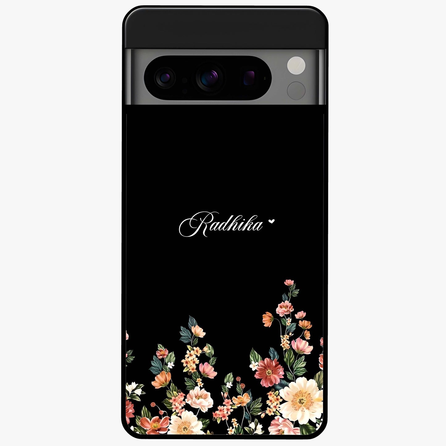 Floral Design With a Custom Personalized Name Glass Case showing flat back view with floral artwork and personalized name design.
