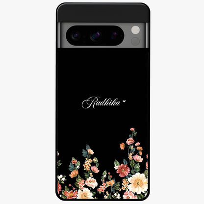 Floral Design With a Custom Personalized Name Glass Case showing flat back view with floral artwork and personalized name design.