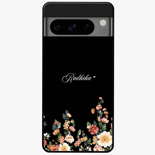 Floral Design With a Custom Personalized Name Glass Case showing flat back view with floral artwork and personalized name design.