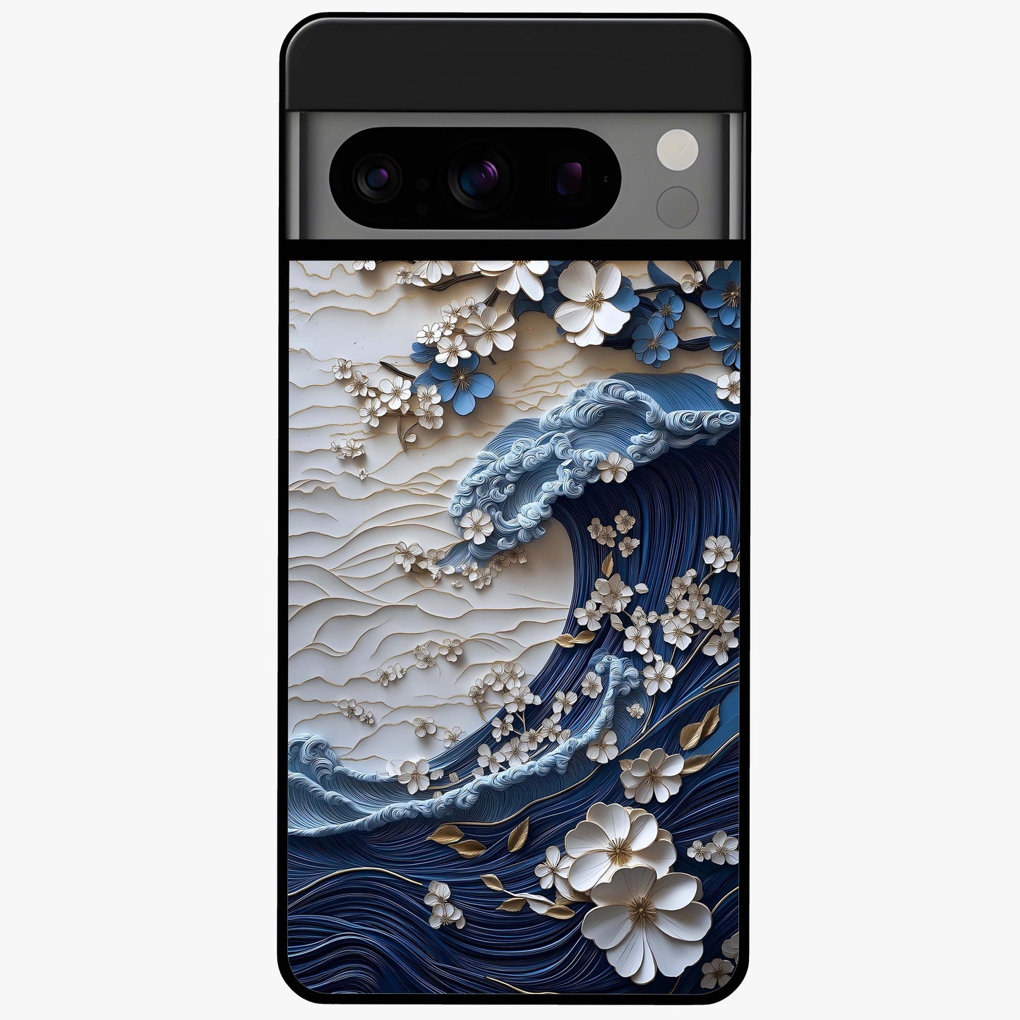 Floral Wave Origami Glass Case showing flat back view with origami inspired floral wave artwork and glossy glass finish.