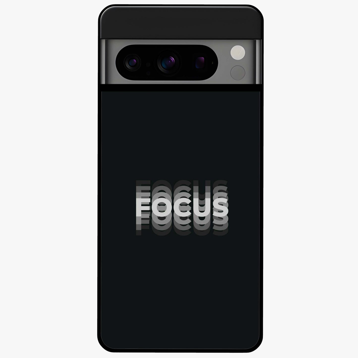 Focus Mode On Glass Case showing flat back view with bold motivational typography design and glossy glass finish.