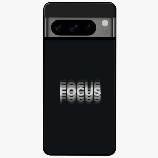 Focus Mode On Glass Case showing flat back view with bold motivational typography design and glossy glass finish.