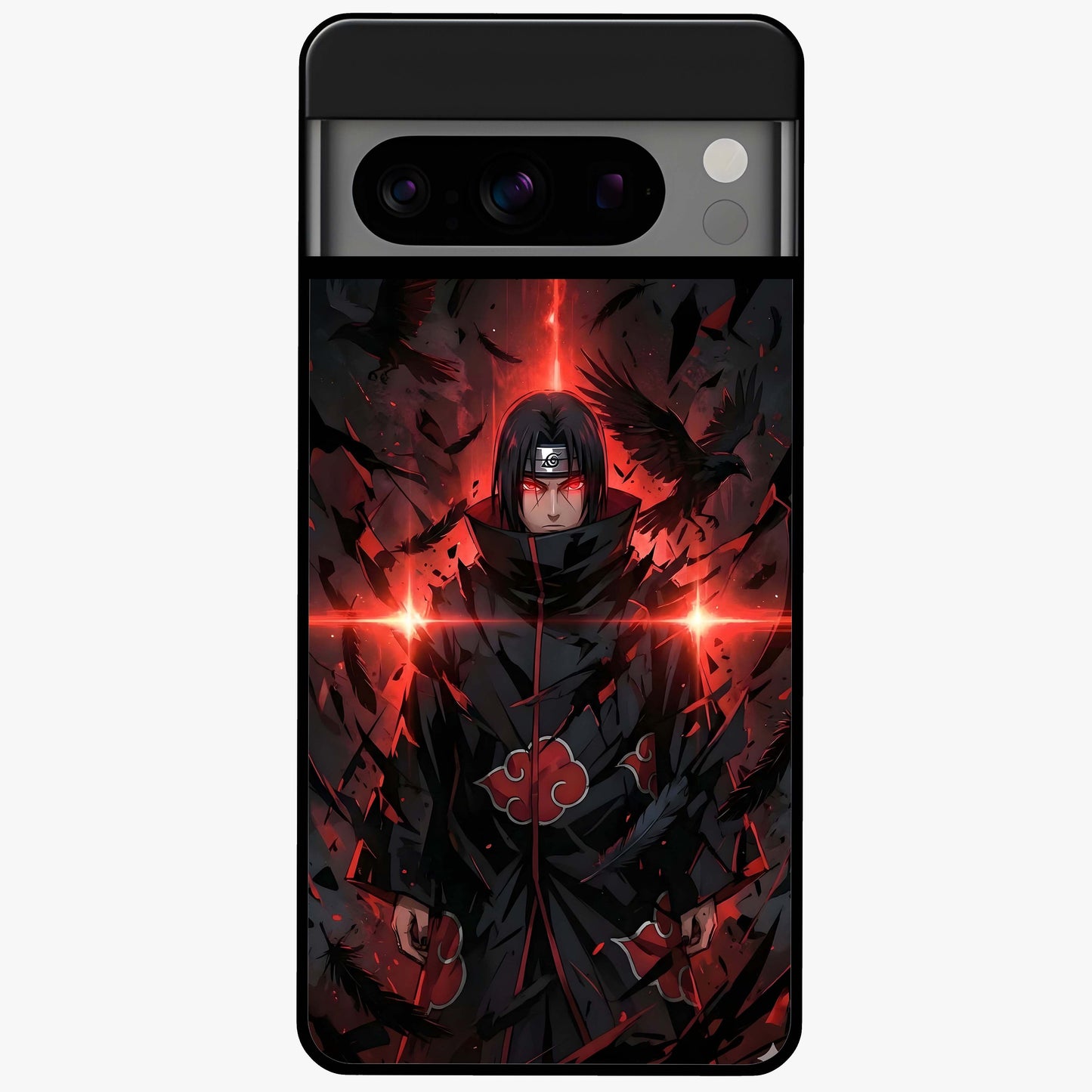 Focused Blade Discipline Glass Case showing flat back view with warrior sword themed artwork and glossy glass finish.
