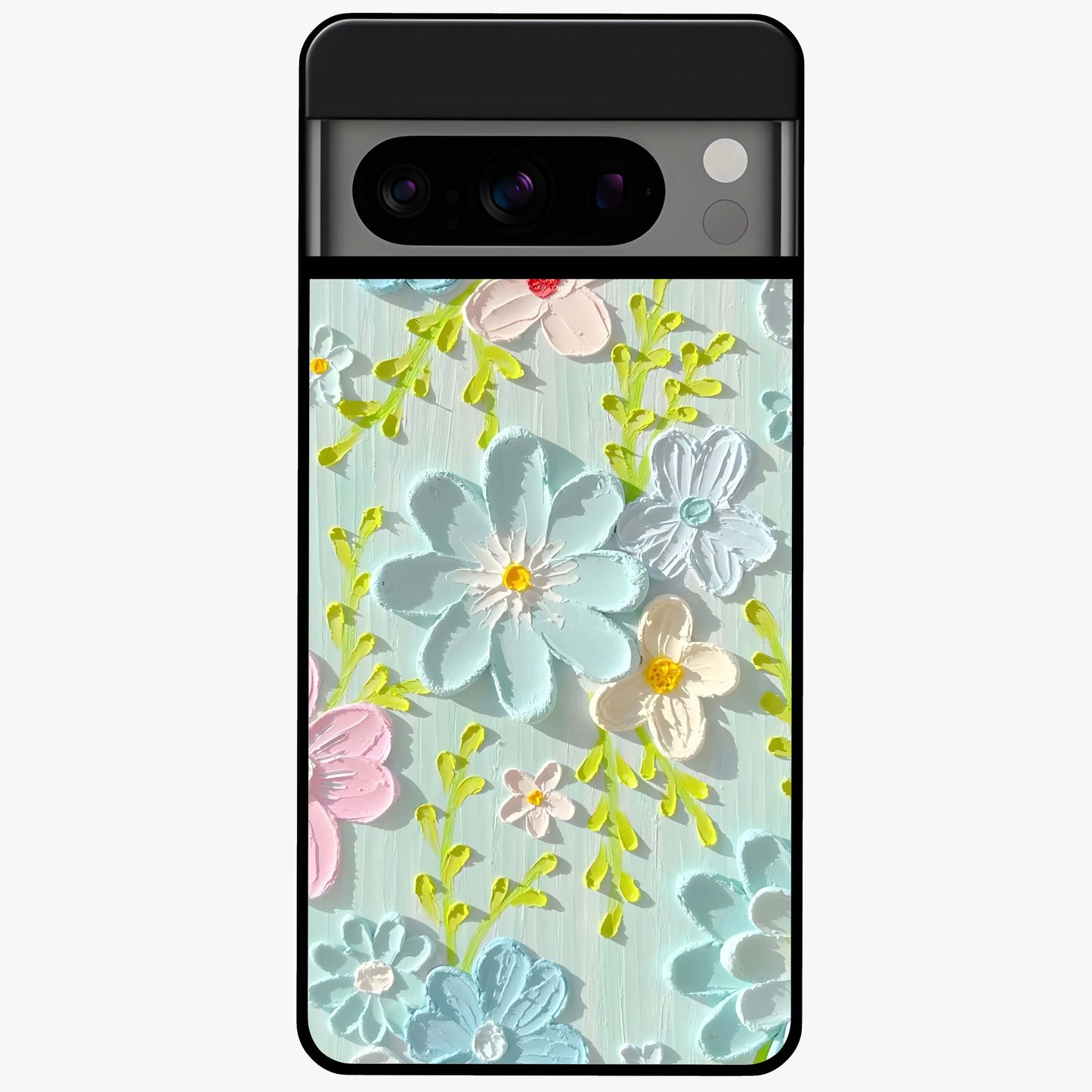 Frosted Petal Garden Glass Case showing flat back view with soft frosted floral artwork and glossy glass finish.