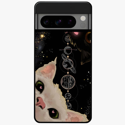 Galactic Cat Glass Case showing flat back view with cosmic cat artwork and glossy glass finish.