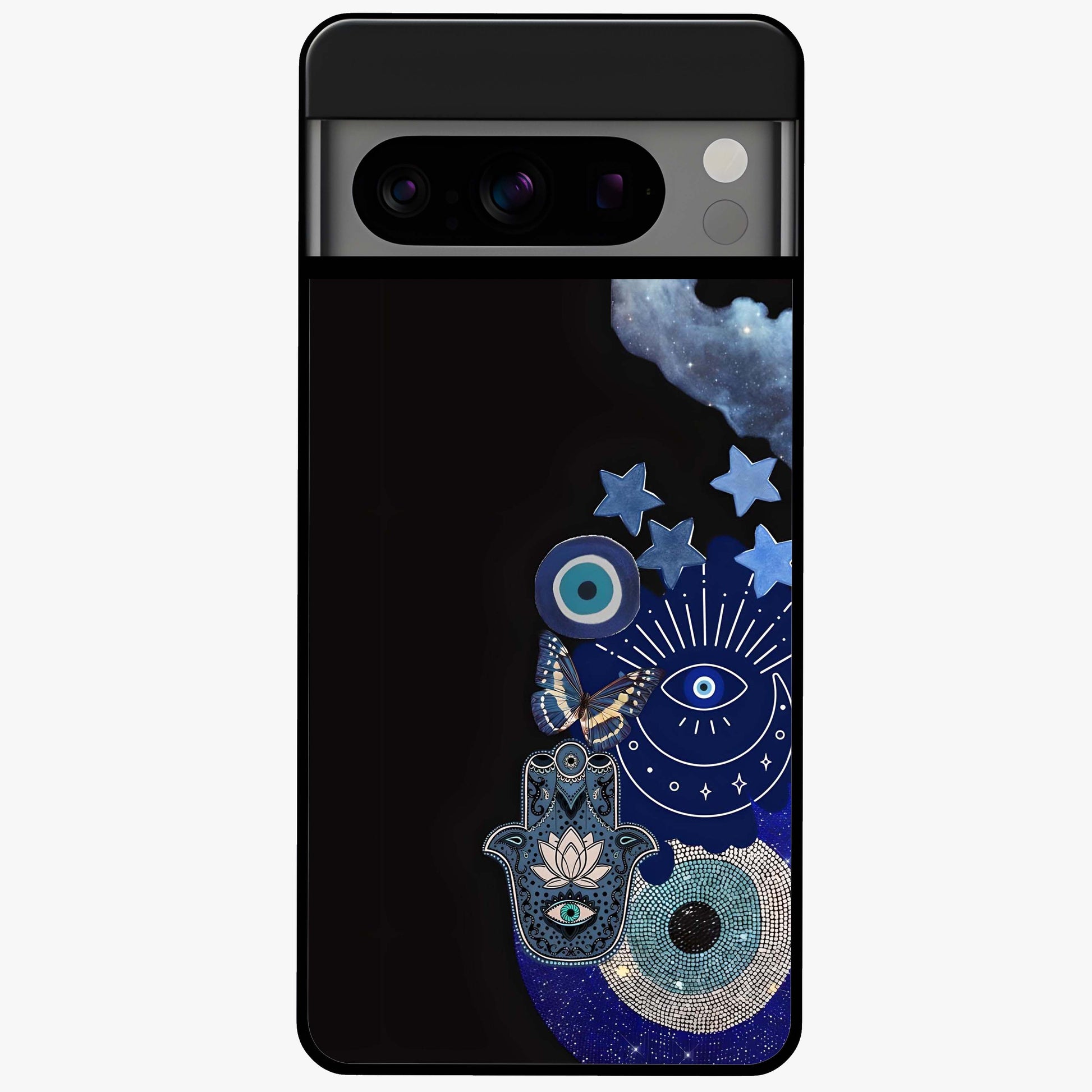 Galactic Charm Cluster Glass Case showing flat back view with glowing celestial charm artwork and glossy glass finish.