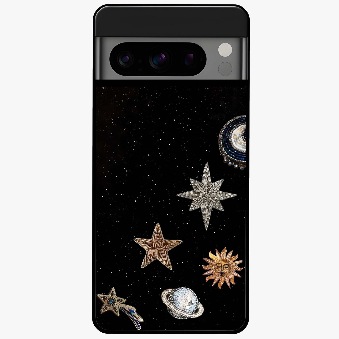 Galactic Charm Glow Glass Case showing flat back view with glowing celestial charm artwork and glossy glass finish.