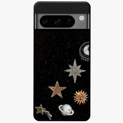 Galactic Charm Glow Glass Case showing flat back view with glowing celestial charm artwork and glossy glass finish.