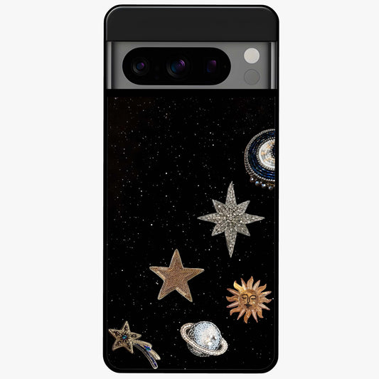 Galactic Charm Glow Glass Case showing flat back view with glowing celestial charm artwork and glossy glass finish.