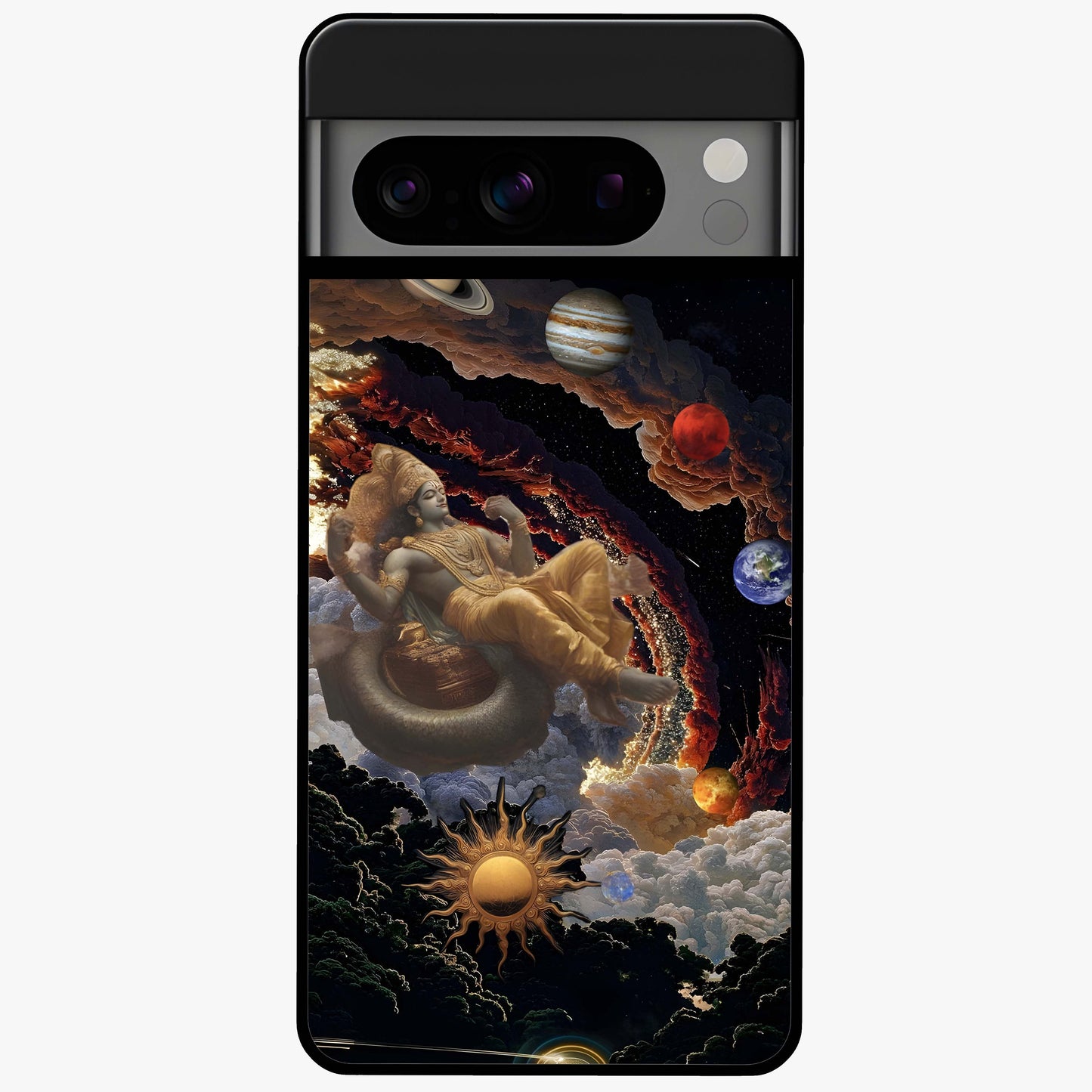 Galactic Divine God Glass Case showing flat back view with divine cosmic themed artwork and glossy glass finish.