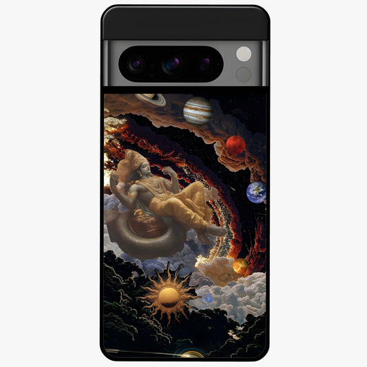 Galactic Divine God Glass Case showing flat back view with divine cosmic themed artwork and glossy glass finish.