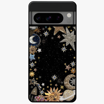 Galactic Jewel Stars Glass Case showing flat back view with sparkling star jewel artwork and glossy glass finish.